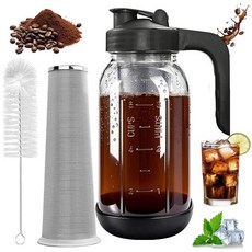 RuileMei 콜드 브루 커피 메이커 1.9L(64온스) 메이슨 병 뚜껑 카라페 리필 가능한 스테인리스 스틸 필터 유리 피처용 미끄럼 방지 실리콘 슬리브 홈메이드 음, 1