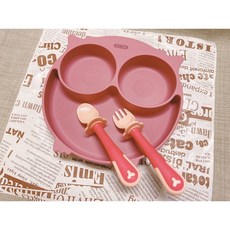 《茉莉餐具》 防滑餐盤 矽膠餐盤 兒童餐盤 餐盤 防滑 通過FDA標準, 貓頭鷹紅+叉匙紅, 1個