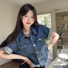 투니스 여성 빈티지 루즈핏 숏 반소매 데님 셔츠