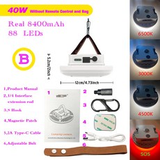 충전식 캠핑 슈퍼라이트 13500maH LED 랜턴 자석 강한 빛 줌 휴대용 손전등 텐트 조명 작업 복구 USB 충전 낚시등 고성능 야외 범광 IP65 방수 60W 샹들리에, 40W  White, 1개
