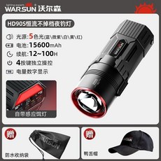 沃爾森 HD90S 恆流夜釣燈 15600mAh 100H 5色光源, 1個, 5光源恆流夜釣/照明燈感應鉺燈,數顯15600毫安+收納袋+鴨舌帽