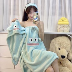 卡通珊瑚絨刺繡浴裙套裝：學生可穿可裹吸水柔軟浴袍、幹髮帽、髮帶組合，多款顏色可選，居家必備, 醜魚浴裙, 1個