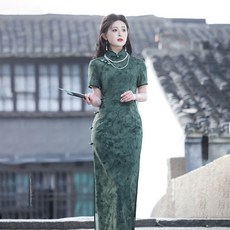 蘇州版2025新款優雅高端青年改良版少女連衣裙春夏, 墨綠色旗袍不含掛件,L, 1個