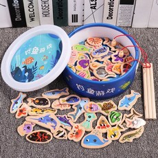 木製海洋釣魚玩具 桶裝磁性釣魚遊戲 兒童早教益智認知玩具 親子互動遊戲 禮物, 1個, 51條魚+2根魚竿【桶裝】