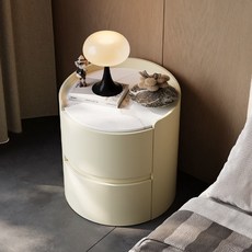 圓形牀頭櫃意式極簡輕奢巖板牀邊櫃高級簡約現代實木臥室收納儲物, 奶油白【月岩白巖板】:寬40*長40*高50cm