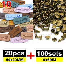 20pcs 믹스 가죽 레이블 100 세트 6x6MM 금속 스파이크 수제 의류에 대 한 양각 태그 DIY 모자 바느질 액세, 06 10