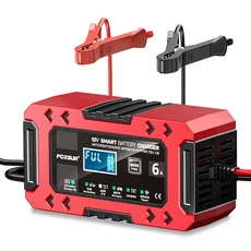 FOXSUR 풀 자동 차량 배터리 충전기 12V 6A 디지털 디스플레이 10단계 파워 펄스 수리 오토바이, 02 Red EU Plug