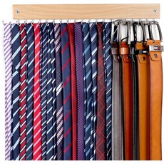 2 in 1 타이 랙 벨트 정리함 벽걸이 장착 20개의 보관 고리가 있는 옷장용 공간 절약 행거 옷장 보관용 홀더, Natural, 1 Pack