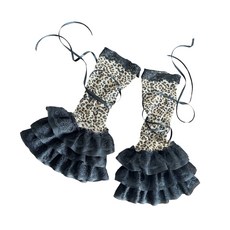 조절 가능한 끈이 달린 여성용 레오파드 레그 커버 티어드 러플 레이스 레그 워머