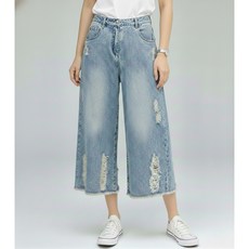 Shopflix 여성 와이드 데님 팬츠 여름 하이웨스트 빈티지 데미지 워싱 버뮤다 크롭 7부 찢청바지