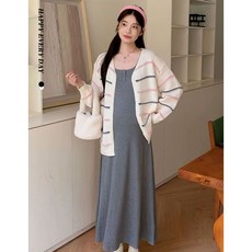 임부 롱 원피스 세트 봄 가을 임산부 빅사이즈 긴팔 스트라이프 가디건 + 나시 원피스 세트 캐주얼 임부복 YXF