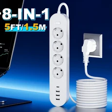 고급형 8-in-1 멀티탭(과부하 보호 기능 포함) 마스터 스위치 1개 AC 콘센트 4개 USB-A 포트 3개 USB-C, 01 Eu 플러그, [05] White-5Ft