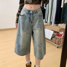 SAHINER 여성 데님 와이드 7부 팬츠 찢어진 하이웨스트 여름용 ANZ100