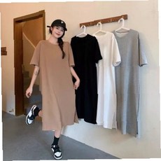 여자 긴 기장 원피스 반소매 루즈핏 박시 실루엣 밑단 트임 임부복 착용 가능