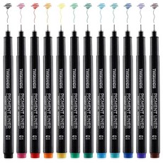 TWOHANDS 드로잉 마이크로 아트 펜 마커 펜 색상 01 파인라이너 잉크 펜 12개 세트 테크니컬 드로잉 펜 0.25mm 안료 펜 컬러 방수 아트 수채화 스케치