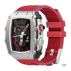Apple Watch 改裝錶殼 氟橡膠錶帶, 1個, 銀色配紅帶 自帶鋼化膜保護,45mm(適合7/8/9代)