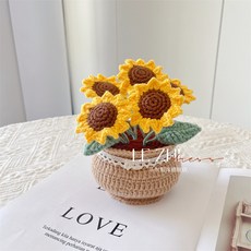 桃園熱賣 手工編織DIY毛綫花束材料包鬱金色香小雛菊鈎織自製擺件永生花 擺飾 永生花 編織花束 鉤織材料包 毛線花, （材料包)向日葵 +工具+教程