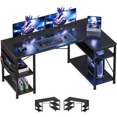 L자형 책상 PC 너비 51.2인치(130cm) 컴퓨터 학습 좌우 교체 가능 선반 보드 높이 조절 수납 가방 포함 사무용 작업, Black