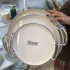 DFMEI 長方形圓形塑料商用展示盤子熟食盤白色托盤茶杯客廳, 1個, 白底銀邊圓形小號