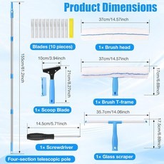 창문 청소 도구 154.9cm(61인치) 길이의 손잡이 탈착식 헤드 스퀴지 및 스크러버 클리너 앞유리 거울 샤워용, 창문 청소 도구, 154.9cm(61인치) 길이의 손잡