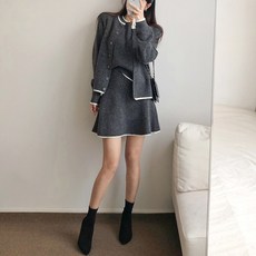 요시아나 [당일발송] 걸리쉬 슈르망 말랑폭닥 울혼방 차콜 니트 쓰리피스 가디건 니트 스커트 세트