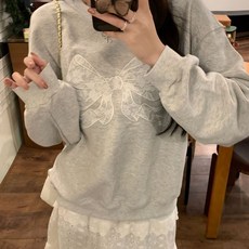 투니스 여성 스타일리시 루즈핏 리본 자수 맨투맨 티셔츠