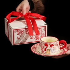 陶瓷咖啡杯碟禮盒套裝 喜慶伴手禮 訂婚結婚禮物, 喜慶玫瑰咖啡杯碟+金勺+手提禮盒,280ml/個, 1個