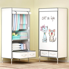 미노네 가벽 비키니 이불장 조립식 옷장 튼튼한 행거 이불 수납 프린팅 간이 옷장 기숙사 베란다 수납장, 귀여운고양이