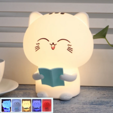 노을홈 [충전식]책보는 고양이 실리콘 무드등 수유등 수면등 출산선물 분리수면 공부방조명, 5컬러 혼합색