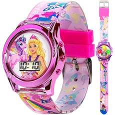 Mattel 마텔 Barbie 바비 디지털 LCD 시계 곡선형 베젤 플래시 다이얼 조명 및 프린트 핑크 스트랩 바비와 유니콘 그래픽이 특징인 손목에 적합 14-20.3cm(5.