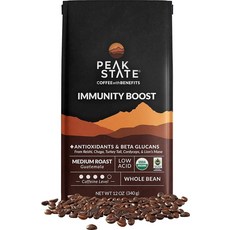 Peak State 기능성 버섯이 함유된 커피 저산 원두 (집중력 면역력 향상) (면역 향상)129983, 12 Ounce (Pack of 1), 면역 부스트 미디엄 로스트