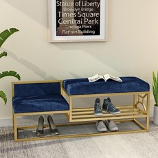 벤치형 신발장 북유럽 현관 오픈 슬림 간이 틈새 의자, 골드 프레임 다크 블루 벨벳 80cm, 1개