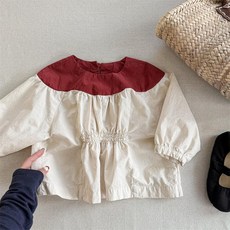 韓版水洗棉女童泡泡袖襯衣 藍色