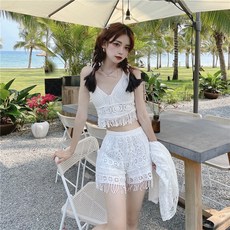 홀터넥 테슬 여자 비치 레이스 해변 세트