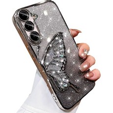 창지아 삼성 갤럭시 S25 플러스 글리터 3D 나비 케이스 귀엽고 고급스러운 블링 반짝임 액체 흐름 투명 카메라 렌즈 보호 플레이트 범퍼 여성 소녀 커버 핑크