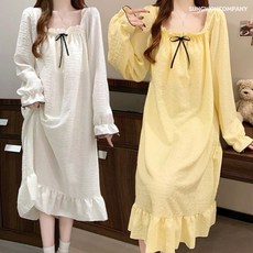 이너퀸 프리수 여성용 러플 프릴 셔링 밴딩 스퀘어넥 리본 긴팔 브라캡 캡내장 노브라 롱 A라인 원피스 잠옷 홈웨어 러플리본원피스