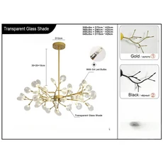 현대 미니멀리스트 샹들리에 침실 LED 조명 지점 거실 식당 반딧불, Transparent Glass, Black Body 2, 36bulbs