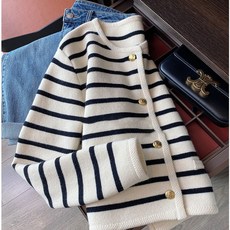 스트라이프 금장버튼 가디건