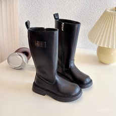 臺灣熱銷 女童靴子2025年秋冬新款兒童長靴時尚公主側拉鍊高筒靴長筒靴批發, 黑色,24