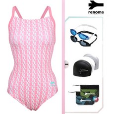 레노마수영복 여성 서포트 X백 원피스 핑크수영복 수경 수모세트(파우치증)
