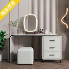 輕奢皮質梳妝台，附帶收納斗櫃與LED鏡面，現代簡約設計, 梳妝台單桌 【環保生態板】,祖母綠【納帕真皮】 100x48x73