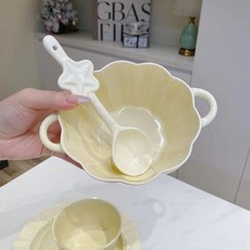 JEDU 奶fufu雙耳小南瓜陶瓷甜品碗 湯碗 早餐碗 飯碗 麵碗 家用高顔值餐具 臺灣出貨, 1個, 奶黃【星星勺+小南瓜】兩件套, 奶黃