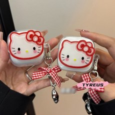 TYREUS 레드 라인 체크 키티 갤럭시 버즈4 갤럭시 4프로 캐릭터 리본 펜던트 호환 케이스, 1개, 버즈 4/4프로, 무