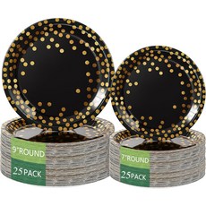 생일 파티 모든 경우를 위한 일회용 종이 접시 - 50팩 25 x 9 및 7 호일 폴카 닷 블랙 골드 용품, 50 black gold