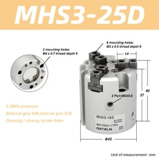 MHS3-16D 평행 스타일 에어 그리퍼 3 핑거 더블 액션 회전 실린더 25D, 10 MHS3-25D
