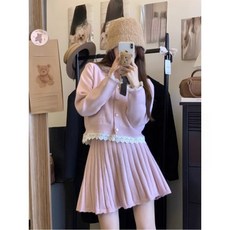 해피유통여성 가을 귀여운 레이스 니트 가디건과 플리츠 미니스커트 투피스 우아한 스타일XG03