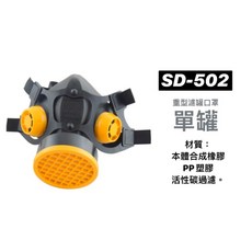 OPO 歐堡牌 專業雙口型高級防毒面具 單罐活性碳藥罐式防毒口罩 SD-502 台灣製, 1個, 黑色