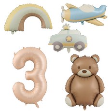 올리브파티 곰돌이 비행기 자동차 무지개 풍선 4종 베이지 숫자 생일 풍선 세트, 1세트, 숫자3