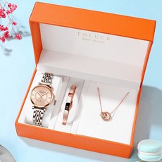 TOLUCK 手錶女士款 滿天星 年新款 小眾 輕奢 名牌 日曆 簡約 氣質 高顏值, 1個, 香檳色/日歷款【橙盒+手鐲+項鏈】