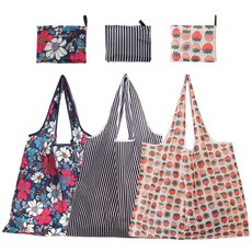 대형 포켓 시장가방 접이식 장바구니, 1세트, 레드국화+딸기+스트라이프
